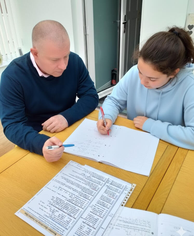 "A professional maths tutor supporting a secondary school student with GCSE revision in a comfortable, home-learning environment."